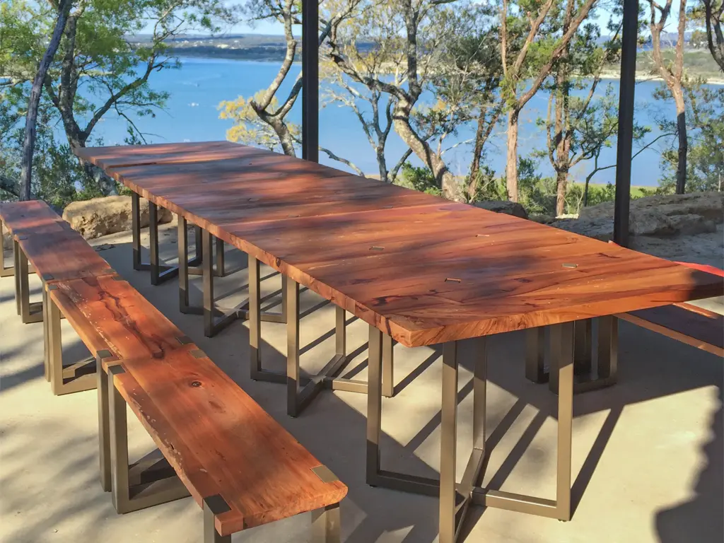 Custom wooden dining table crafted from reclaimed lumber in San Antonio TX