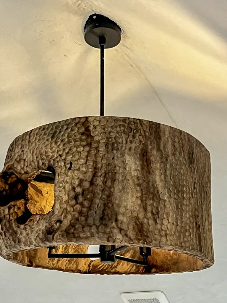 Handcrafted wood pendant light fixture built at Green Wood Milling sawmill San Antonio