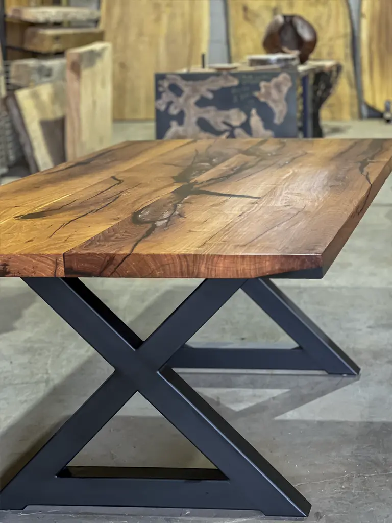 Live edge coffee table with metal base by Green Wood Milling San Antonio TX