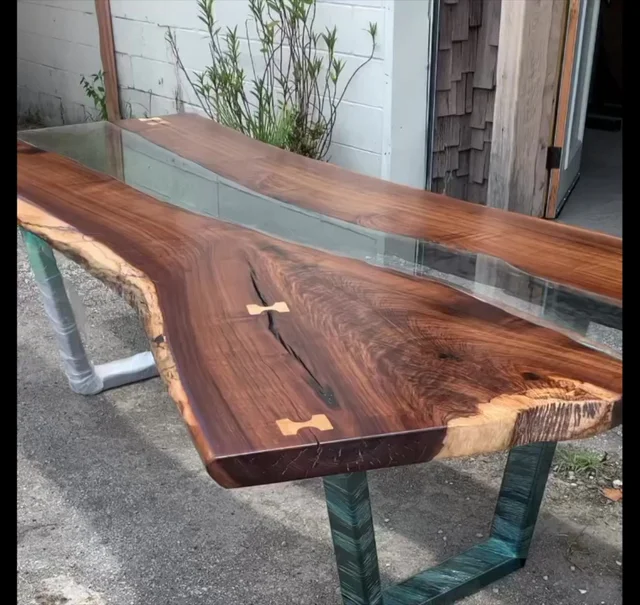 Live edge river dining table with clear epoxy resin and butterfly inlays