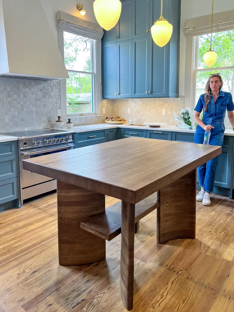 A custom kitchen table made from reclaimed hardwood.